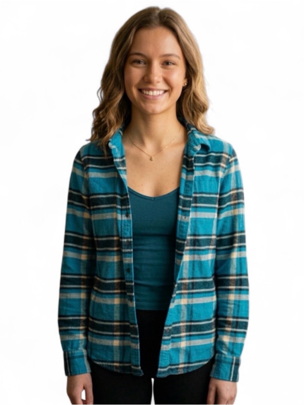 American Eagle Teal Plaid Button-Up Shirt Jacket - Teal Plaid